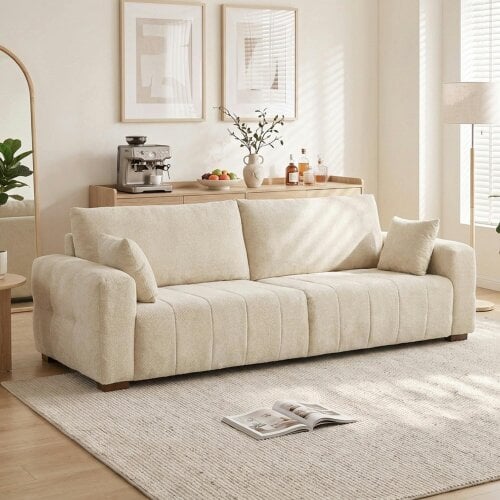 HOMCOM 3 Seater Sofa, Upholstered Velvet Couch with Pillows