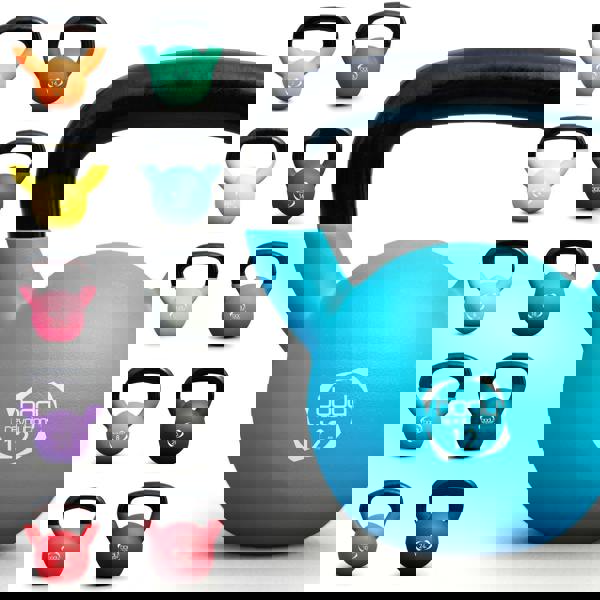 Colorful Body Revolution neoprene kettlebells in various weights, featuring a textured grip and vibrant finishes for easy identification