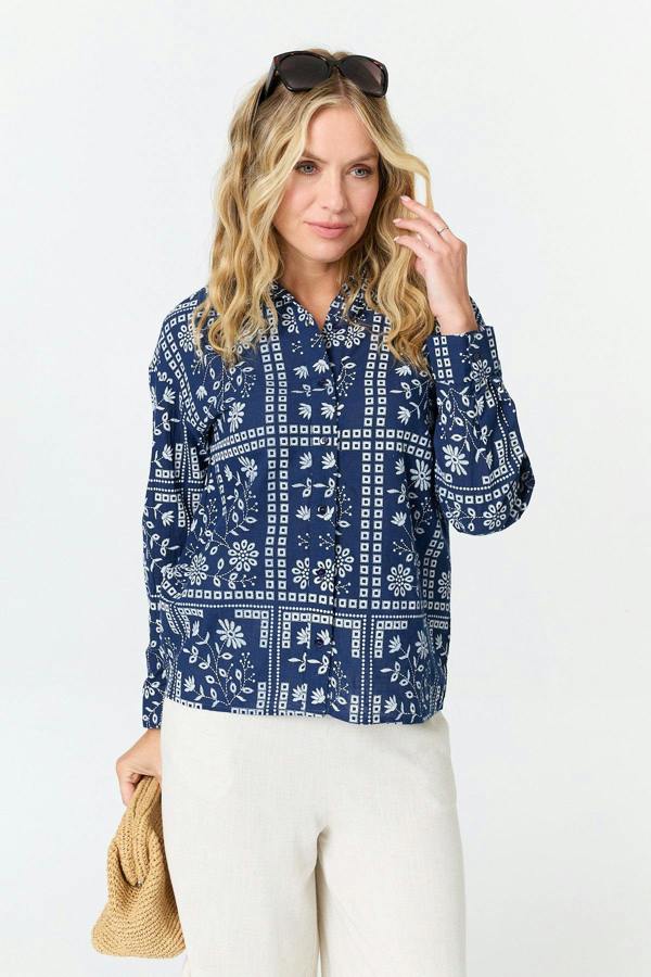 Blue | Printed Long Sleeve Relaxed Shirt