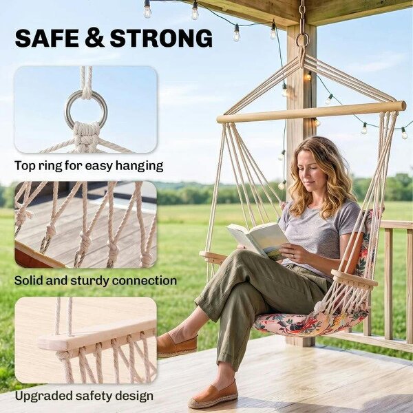 Garden Outdoor Hanging Hammock Chair Thick Rope Frame Wooden Arms Safe Garden Outdoor Spot Stylish Multicoloured floral