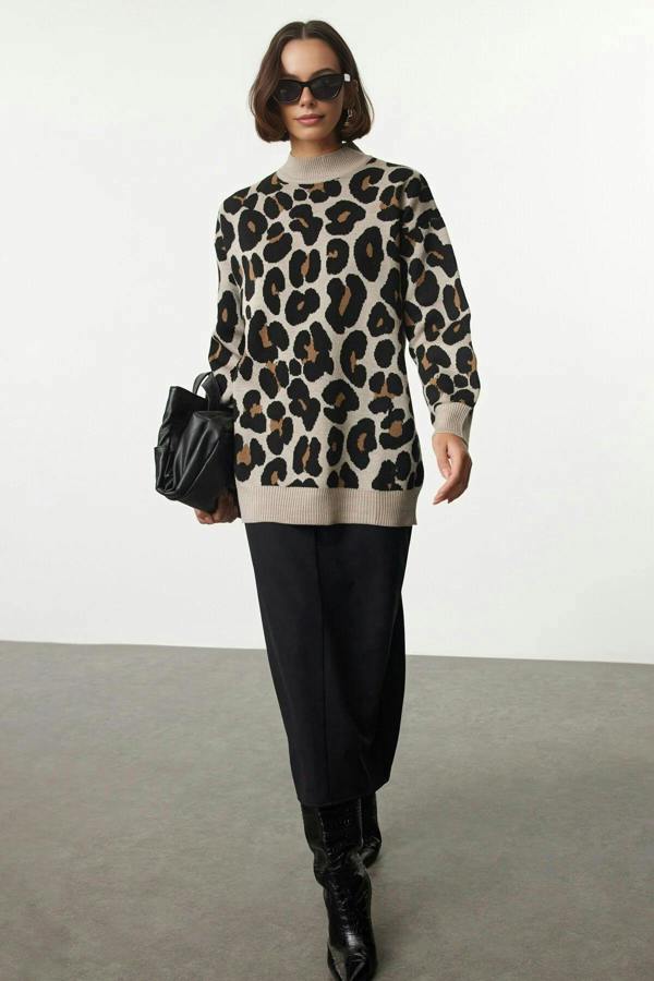 WOVCOR Leopard Print Knitted Sweater