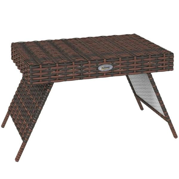 Brown woven rattan foldable side table with steel frame and cross braces