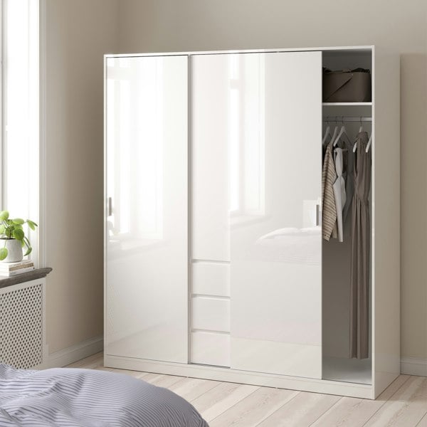 Furniture To Go Naia Wardrobe with 2 sliding doors + 1 door + 3 drawers in White High Gloss