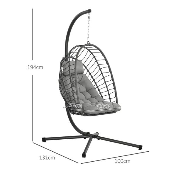Hanging egg swing chair with dark frame, light grey cushion, and metal base