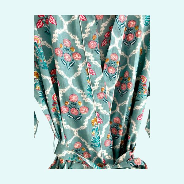 Hayley & Co Teal Ditsy Floral Print 100% Cotton Block Print Dressing Gown