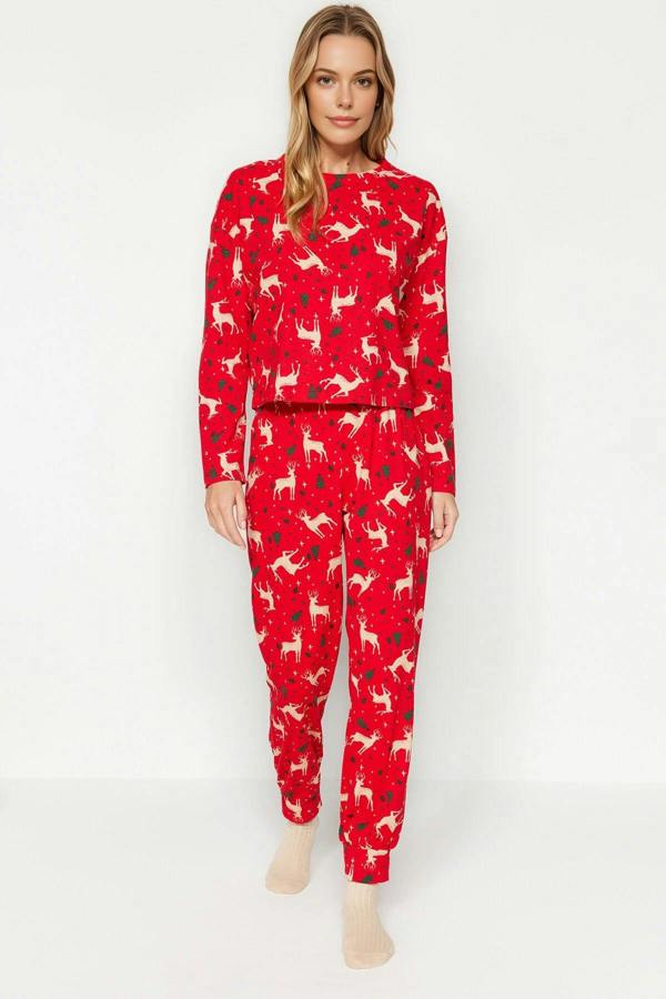 WOVCOR 2-Piece 100% Cotton Christmas Themed Knit Pajama Set