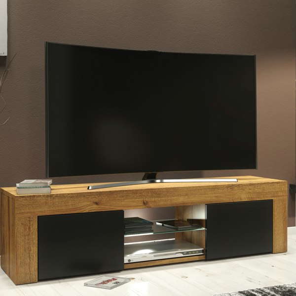 Mex Furniture 130cm Oak TV Unit Sideboard Cabinet with Black Matt Doors and Free LED Lights