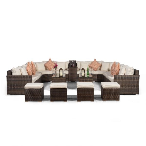 Giardino Santorini U Shape Modular 10 Seat Rattan Sofa Set With Armrest Drinks Cooler, 2 Coffee Tables & 4 Stools