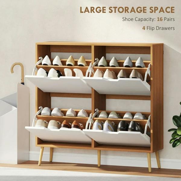 Natural wood shoe storage cabinet with four flip drawers filled with shoes