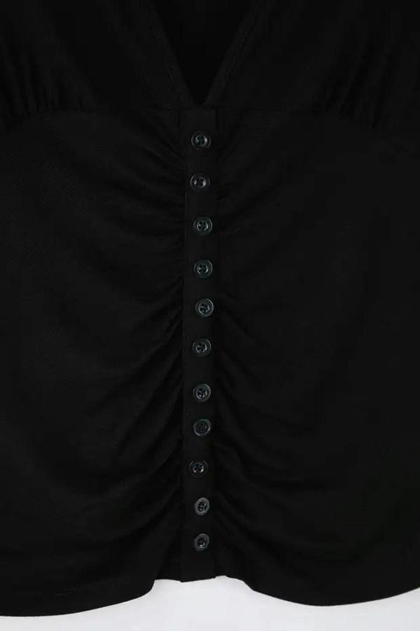 WOVCOR V-Neck Button Detail Plus Size Blouse with Lace Sleeves