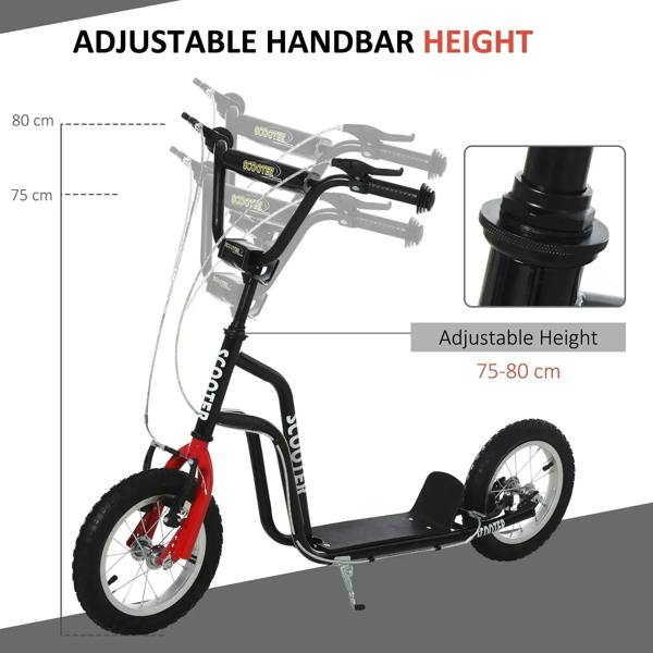 Teen kick scooter with adjustable black handlebar, red front wheel, inflatable tires, kickstand