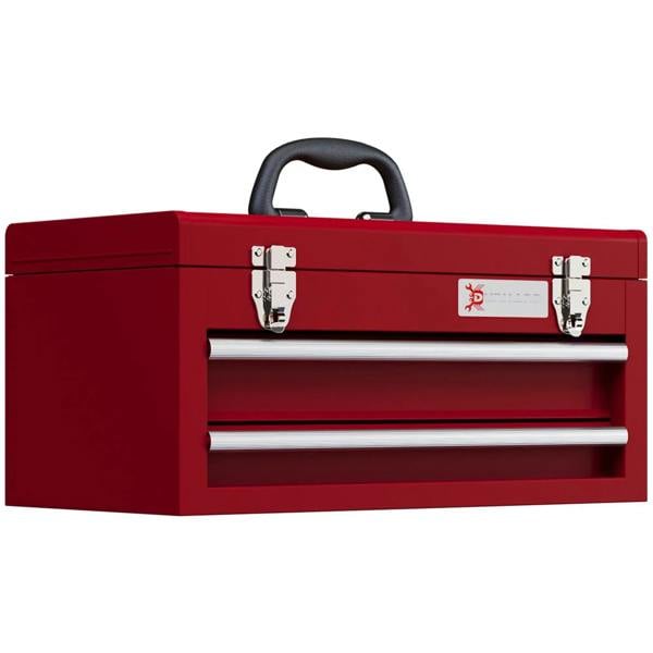 Red lockable metal tool box with two drawers, front latches, and carry handle