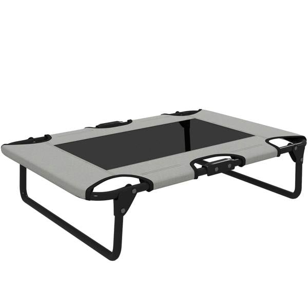 Light grey portable elevated dog cot with breathable dark mesh and black frame handles