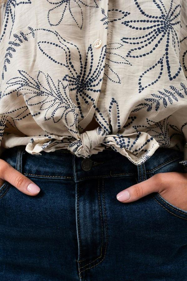 Erin Floral Print Oversized Long Sleeve Button Down Top - Beige