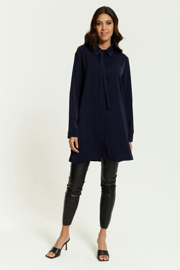 Hoxton Gal Oversized Tie Detailed Shirt Tunic with Long Sleeves in Navy