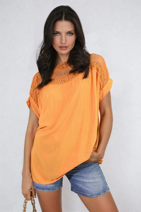Sylvia Lace Insert Round Neck Hollow Top - Orange