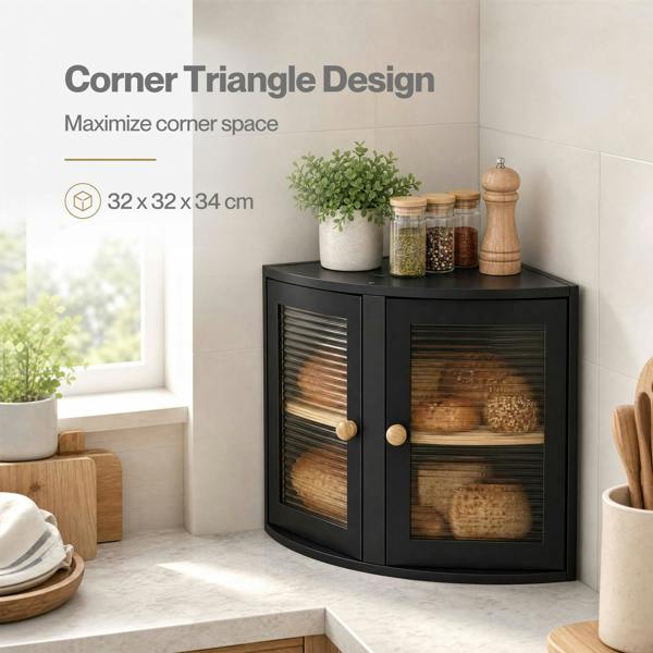 Toque Bread Bin  Corner Bread Bin for Kitchen  Double-Layer Bamboo Box  Black
