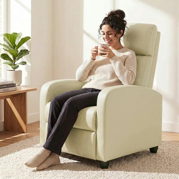Recliner Armchair, Massage Faux Leather Push Back Reclining Chair with Adjustable Leg Rest, Side Pocket, Cream White