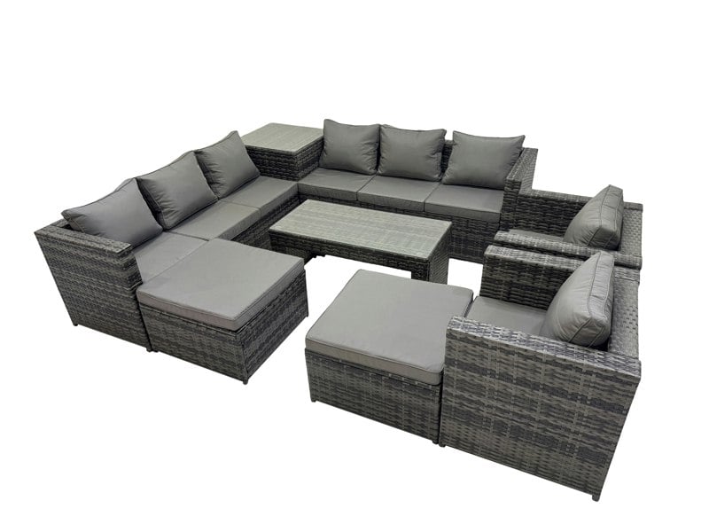 Fimous Garden Rattan Outdoor Furniture Set 10 Seater Patio Corner Sofa Oblong Coffee Table with Chair 2 Big Stool Side Table Dark Grey