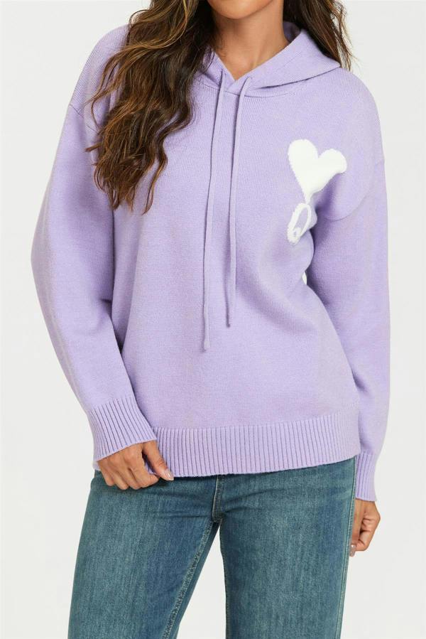 FS Collection Heart & Q Pattern Knitted Hoodie In Purple