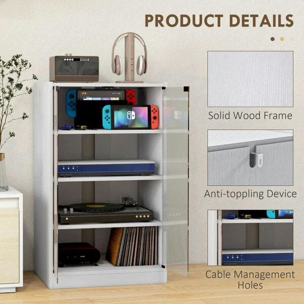 Bobobiy 4-Tier Hi-Fi Stand, Record Player Stand with Adjustable Shelves and Push-to-Open Glass Doors, White Wood-Effect