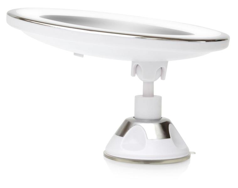 Multi use LED illuminated make up mirror with suction cup base and mirror tilted back