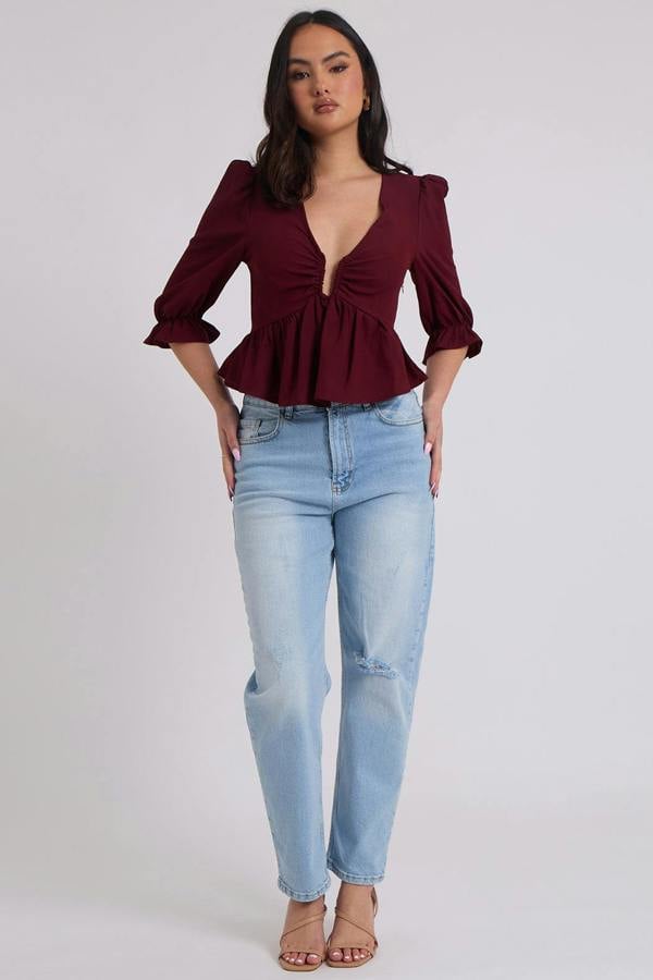 Urban Bliss Collette Burgundy U Bar Empire Peplum Top