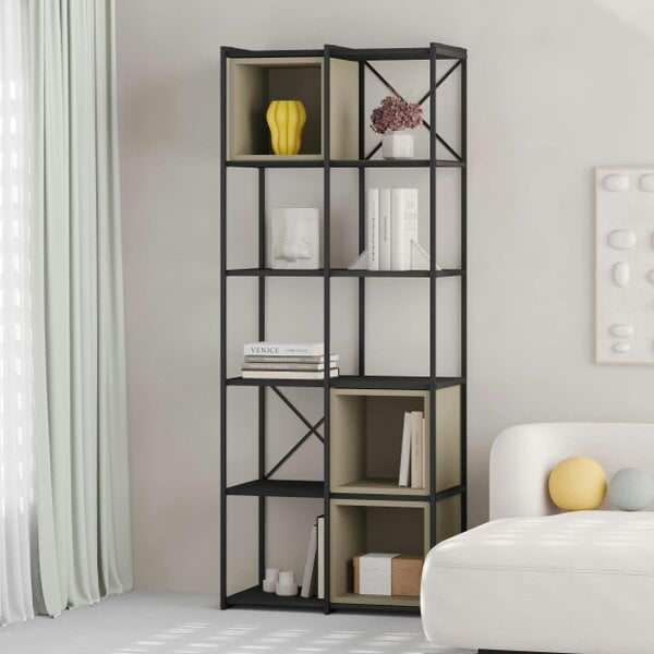 Decortie Modern Vale Midi Bookcase Display Unit 5-Tier Metal Frame 3 Adjustable Shelf 18mm Engineered Wood (Black Wood