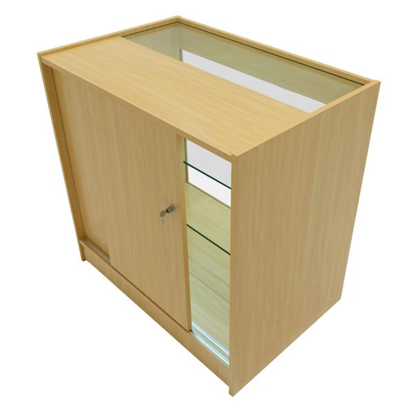 Maple LED shop counter set featuring a sleek design, glass top, sliding door, and interior shelves for organized display