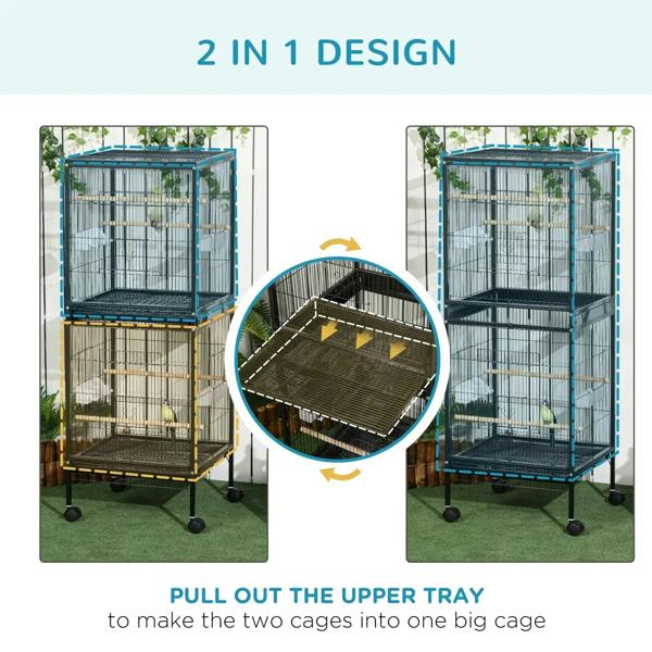 Two-tier bird cage with pull-out upper tray that combines into one large cage