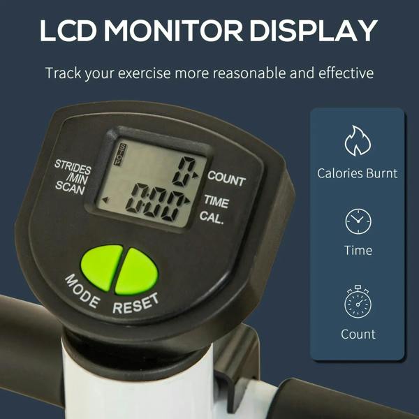 LCD monitor display with workout counters for strides, time, calories, and count