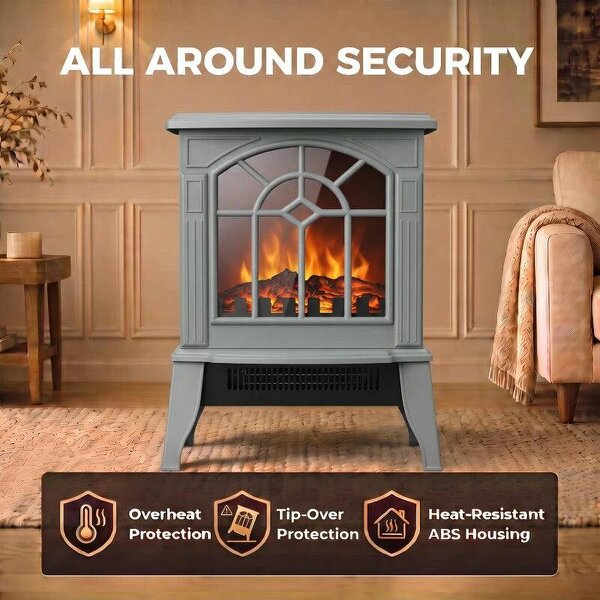 Freestanding Electric Fireplace, Electric Log Burner w/ LED Flame Effect, Overheating Safety System, 1000W/2000W, Grey