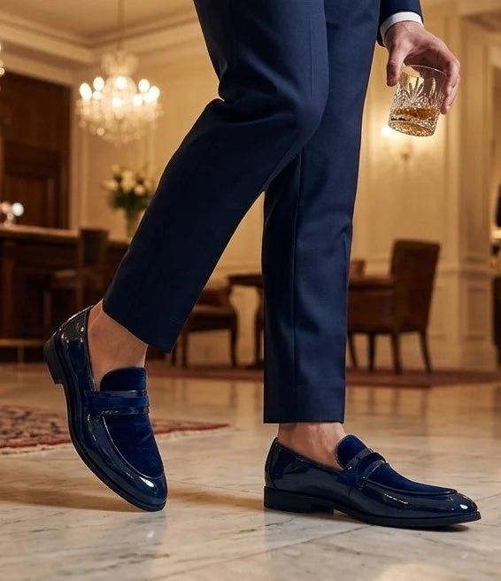 Dolcetto Men's Slip On Vegan Leather Velvet Detailed Patent Loafers