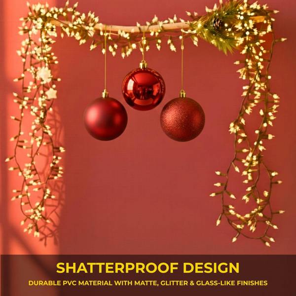 Shatchi 20cm Dark Red Christmas Baubles Set of 3 with Glossy, Matte and Glitter Finishes