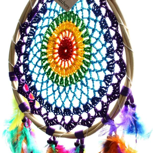 Teardrop dream catcher crochet web with yellow-orange center flower, surrounded by blue and purple.