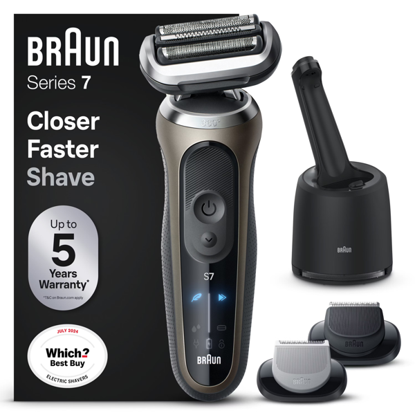 Braun Series 7 72-C7650CC Electric Shaver, With SmartCare Center, EasyClick Attachments - Gold