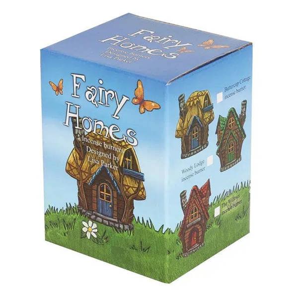 Fairy Homes incense cone box with illustrated houses, butterflies, and grass scene