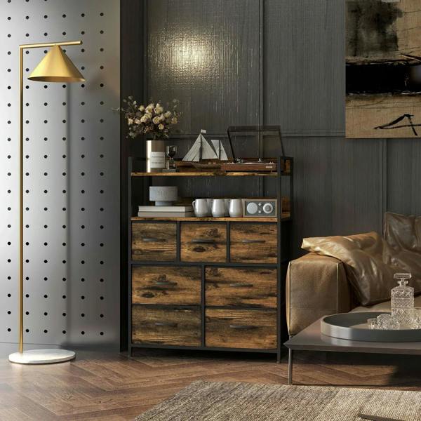Rustic chest with seven fabric drawers, rustic brown wood-look finish, dark steel frame