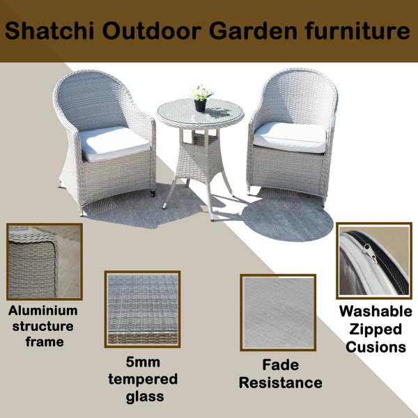 Shatchi Sorrento 3-Piece Rattan Bistro Aluminium 2-Seater Garden Dining Set with Table & Chairs