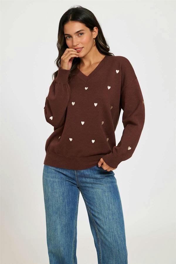 FS Collection Embroidery Cream Heart V Neck Jumper In Brown