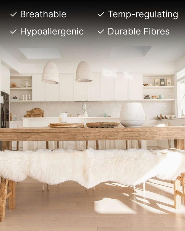 White Double Long Wool Sheepskin Rug on bench