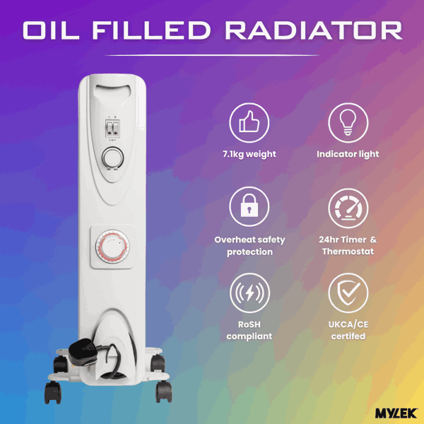 Mylek Oil Filled Electric Portable Heater Radiator with Adjustable Thermostat 2000w With Timer