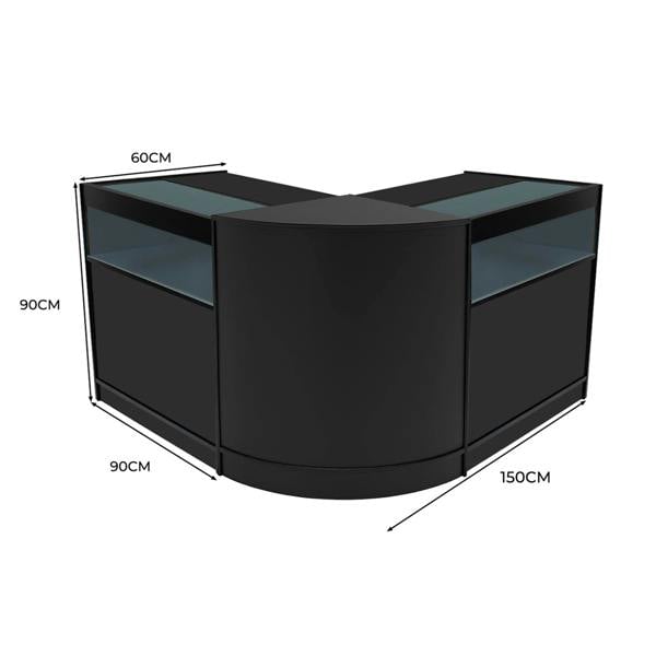 Black Iris LED shop counter set featuring a modern design with curved edges, glass display tops, and dimensions of 60cm x 90cm x 150cm