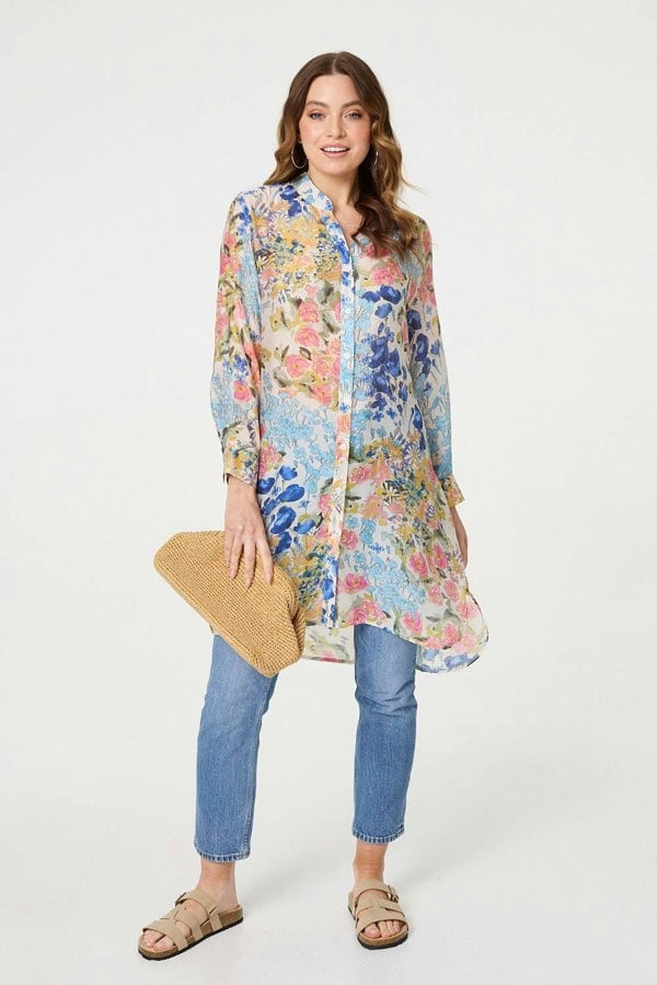 Blue | Floral Print Longline Semi Sheer Shirt

