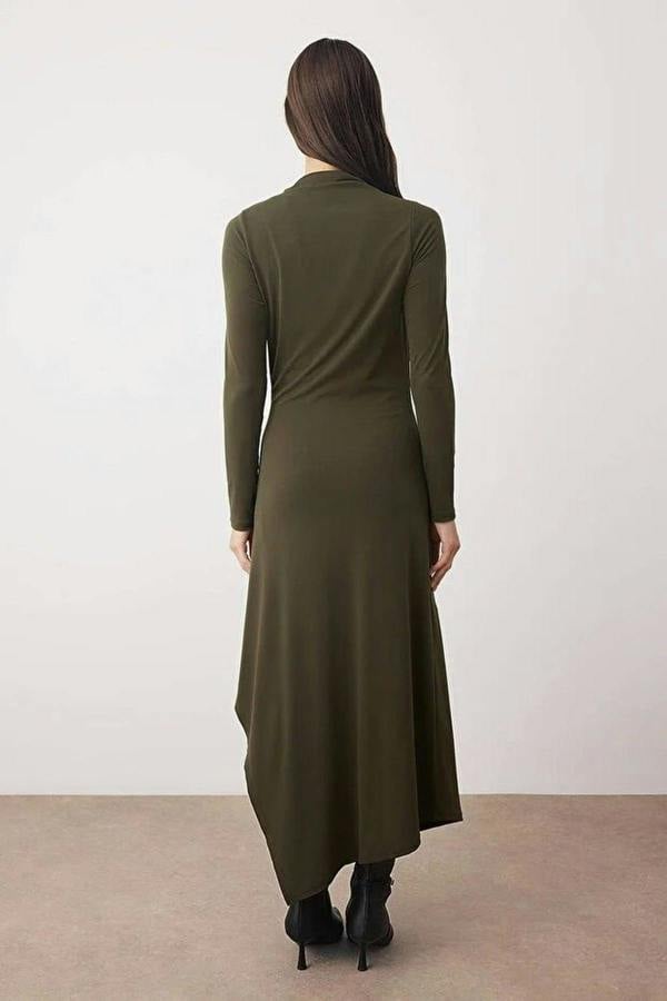 WOVCOR High Neck Lined Asymmetrical A-line Stretchy Midi Knit Dress