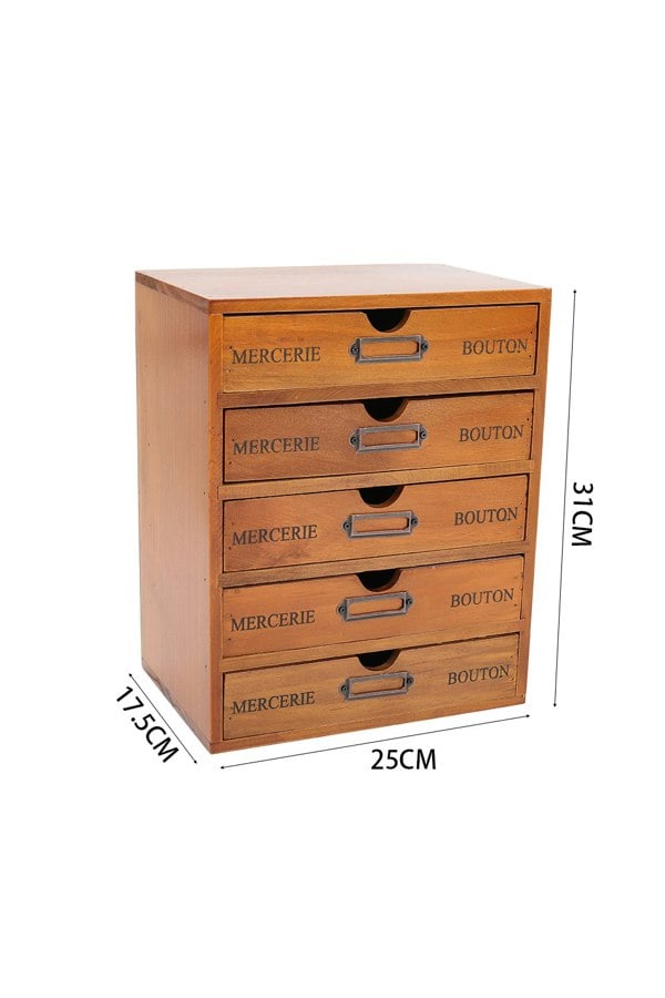 Living and Home Vintage Wooden Storage Box Brown Home Office Desk Organizer With 5 Drawers