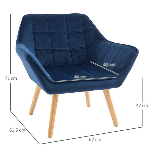 Blue accent armchair with slanted back and wide arms, tufted seat, light wooden legs