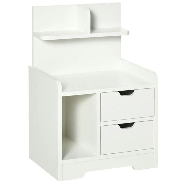 White small bedside cabinet with 2 drawers and open storage shelf, modern rectangular design