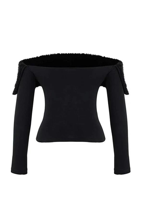 WOVCOR Faux Fur Carmen Collar Knit Party Blouse