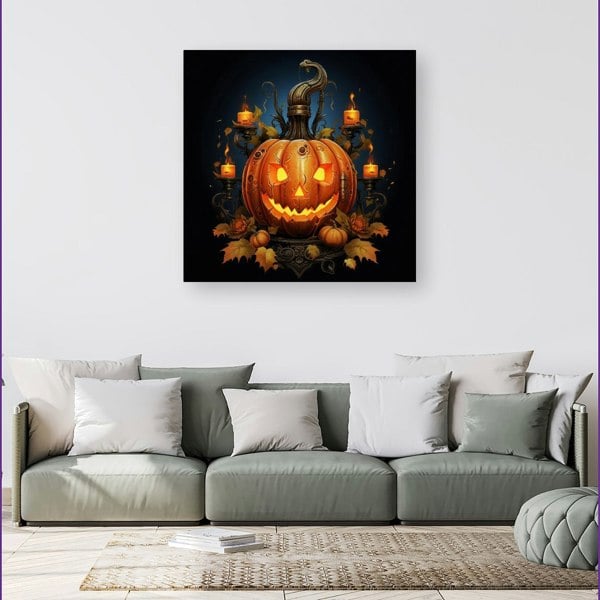 Warren Reed Spooy Pumpkin With Leaves And Small Candles Canvas